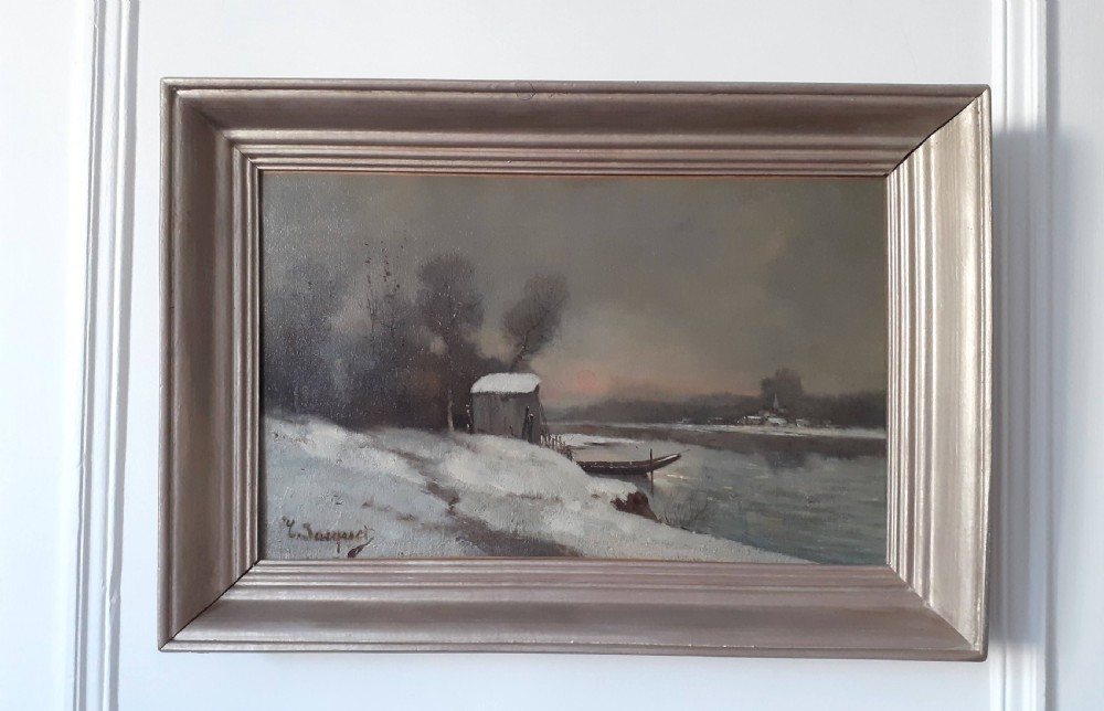 Snow by the lake at sunset, winter landscape, evening light circa 1890 oil on canvas View II