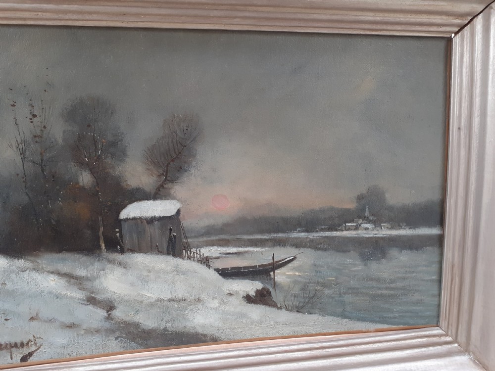 Snow by the lake at sunset, winter landscape, evening light circa 1890 oil on canvas View III