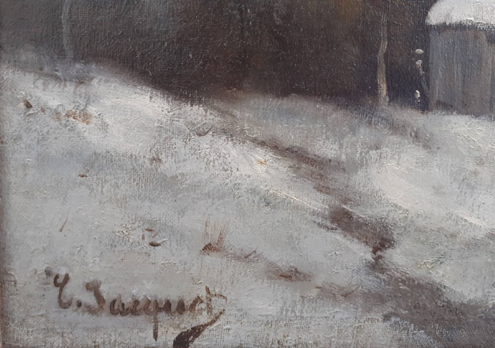 Snow by the lake at sunset, winter landscape, evening light circa 1890 oil on canvas View IV