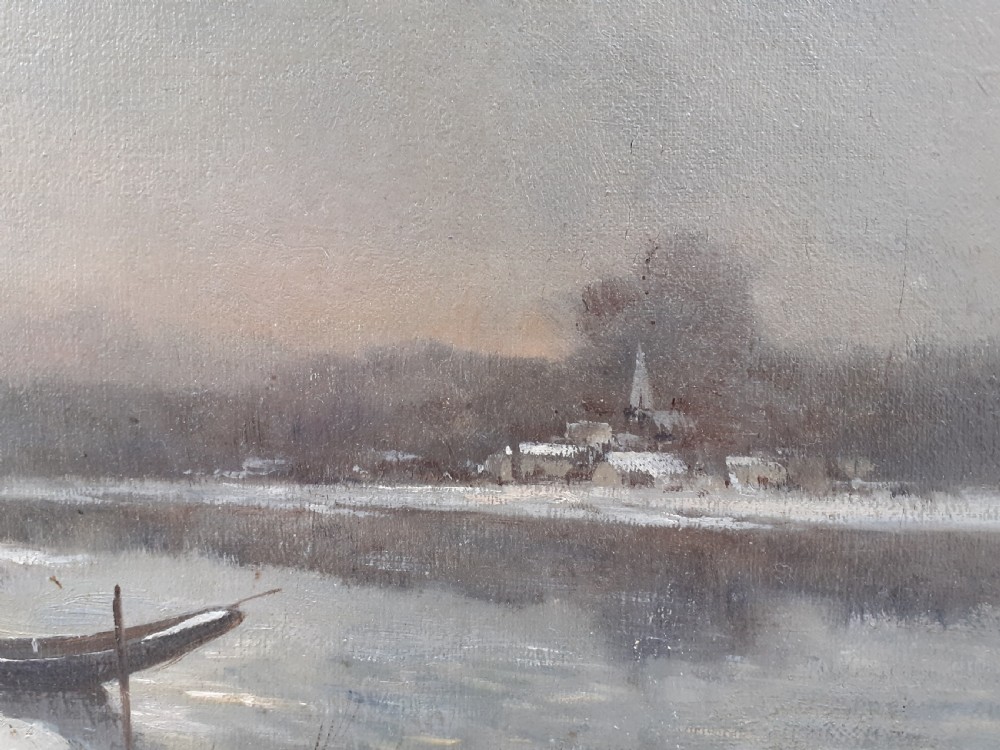 Snow by the lake at sunset, winter landscape, evening light circa 1890 oil on canvas View VI