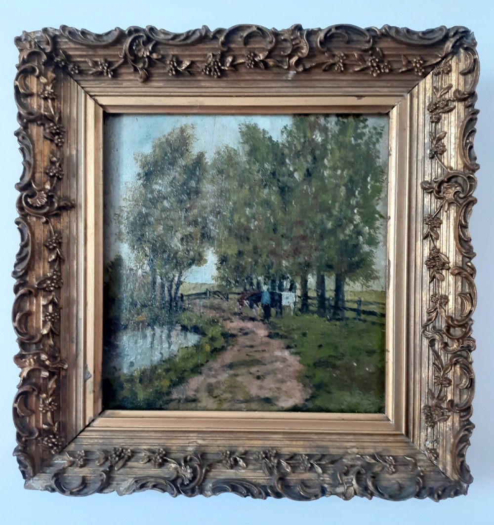 The little peasant woman with cows, impressionist oil on panel circa 1890 lush Dutch landscape painting View III