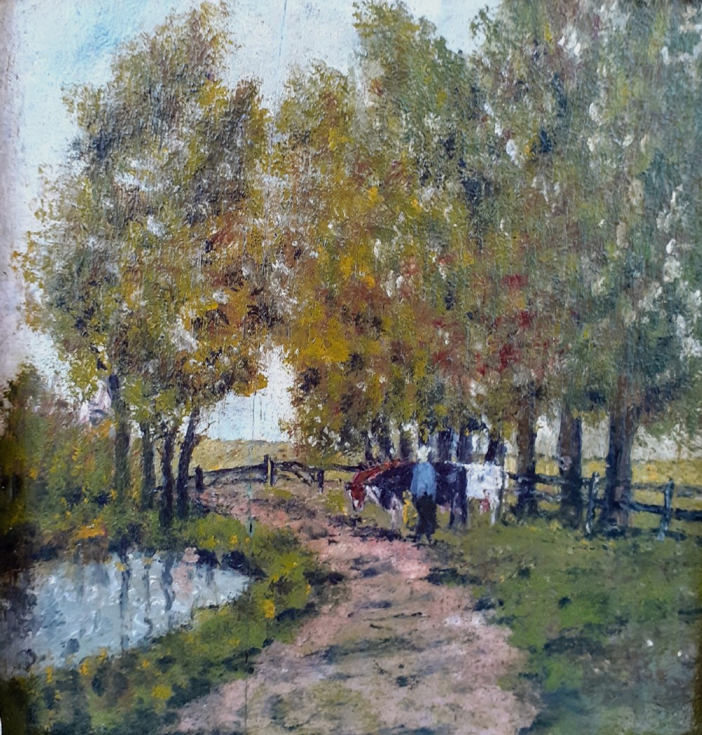 The little peasant woman with cows, impressionist oil on panel circa 1890 lush Dutch landscape painting View IV
