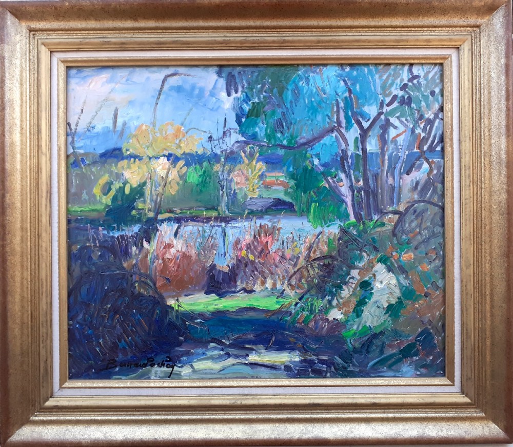 Garden by the river, summer vegetation, French fauve abstracted landscape oil on board