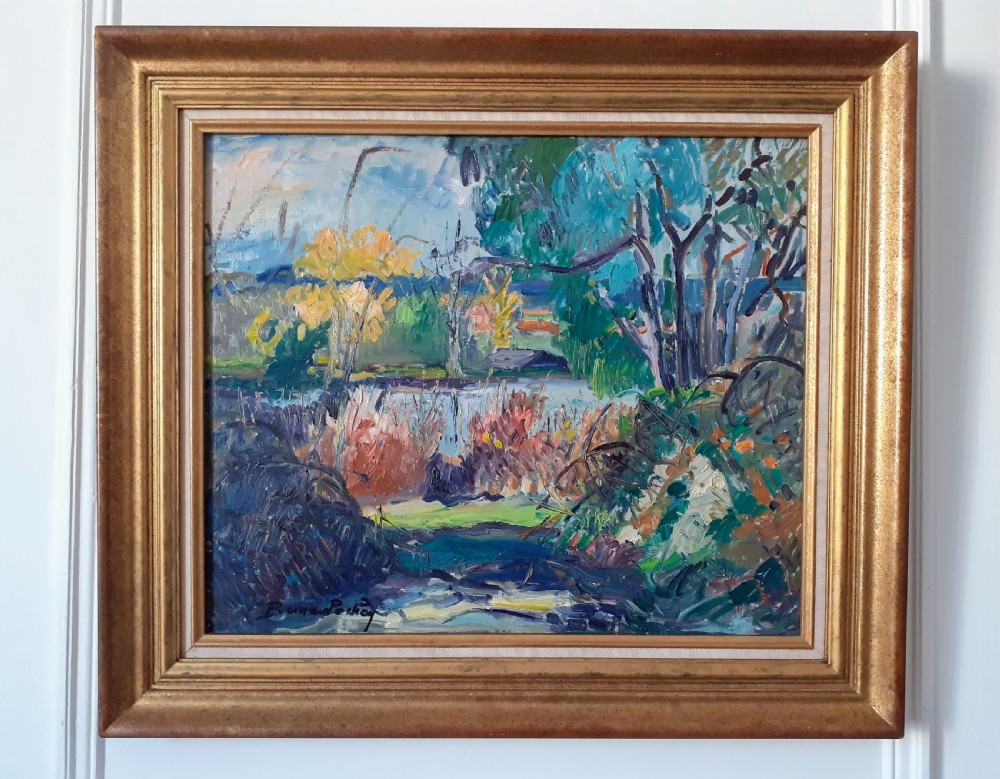 Garden by the river, summer vegetation, French fauve abstracted landscape oil on board View II