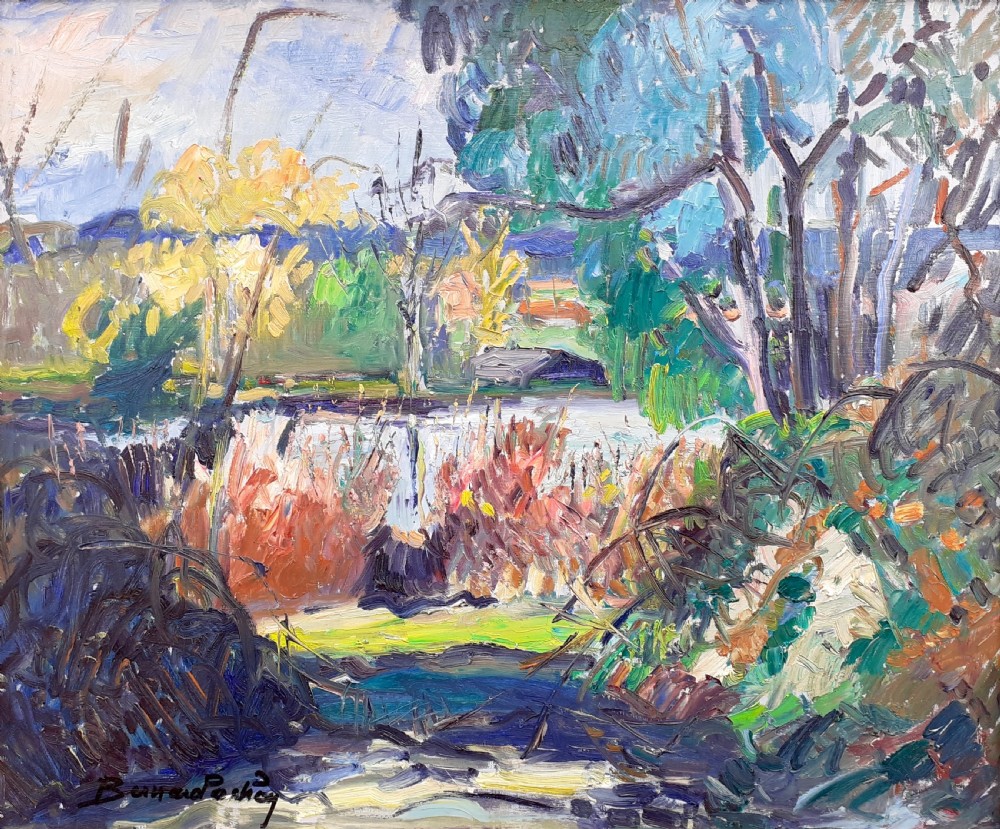 Garden by the river, summer vegetation, French fauve abstracted landscape oil on board View III