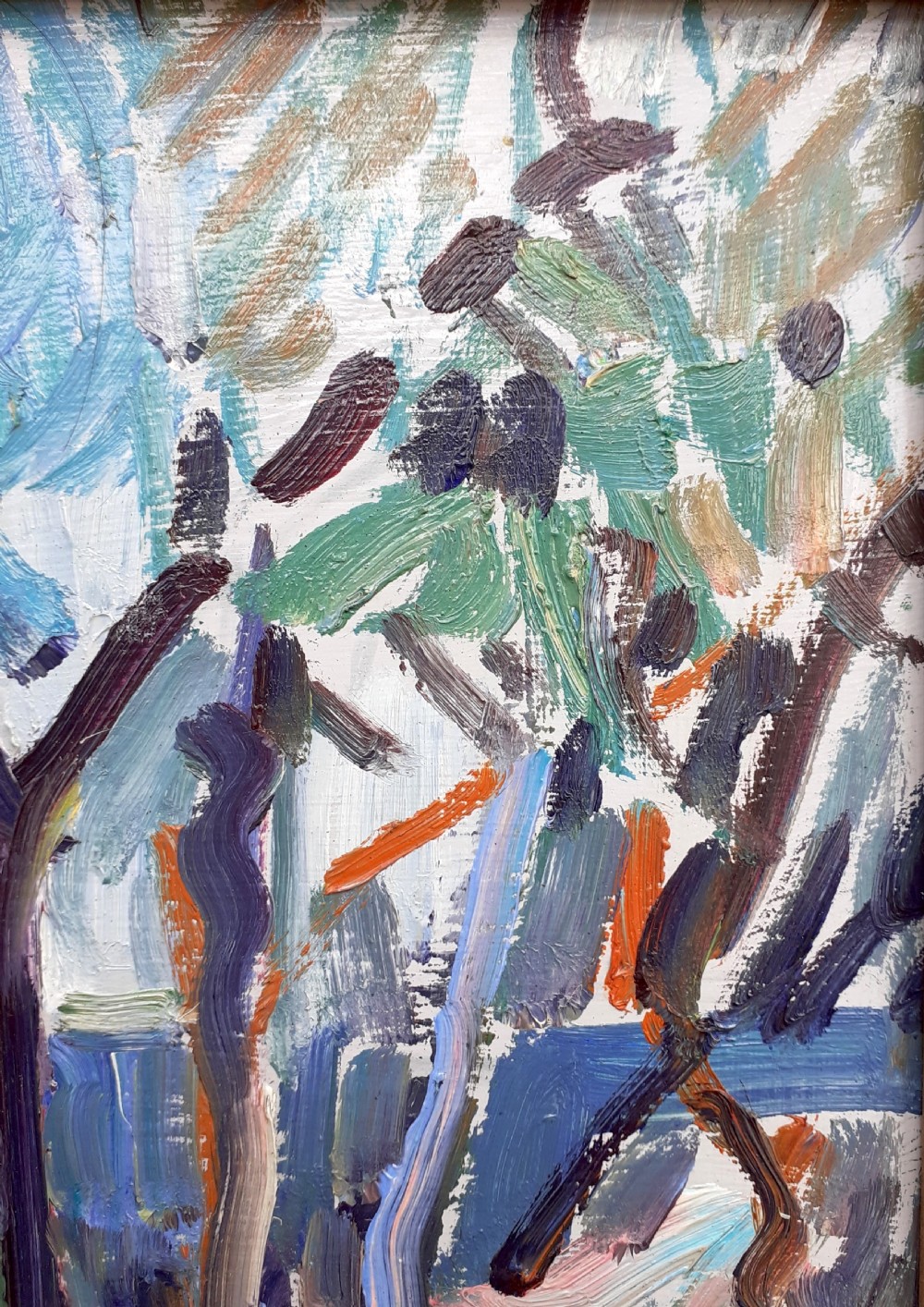 Garden by the river, summer vegetation, French fauve abstracted landscape oil on board View IV