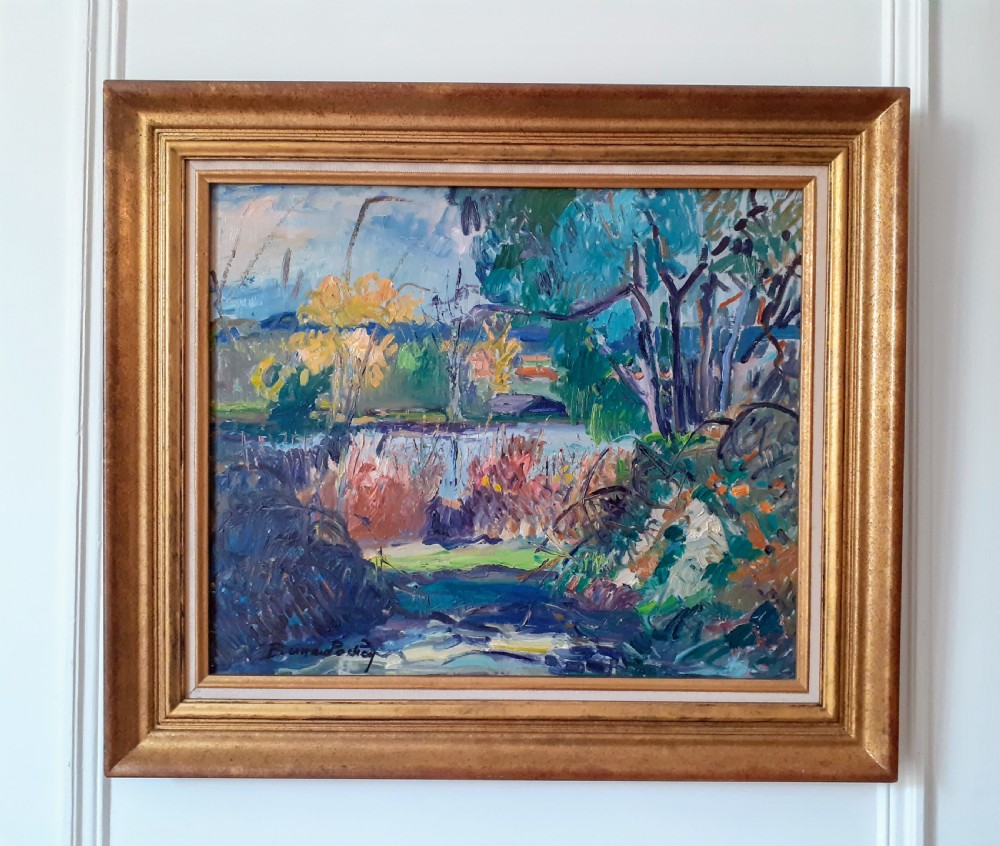 Garden by the river, summer vegetation, French fauve abstracted landscape oil on board View V