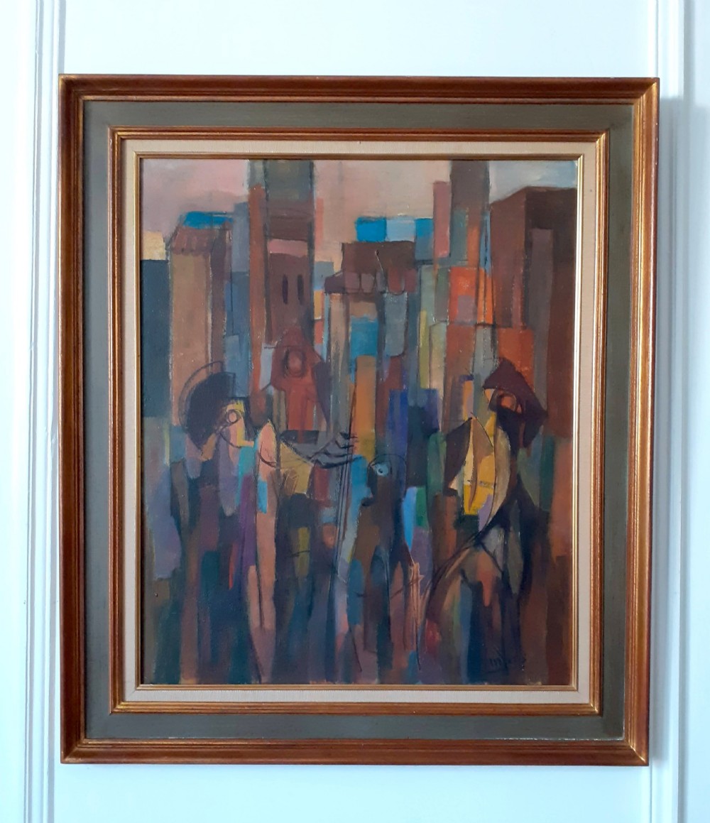 Cubist city, surrealist figures Cezannian French mid century modern cityscape oil on board View II