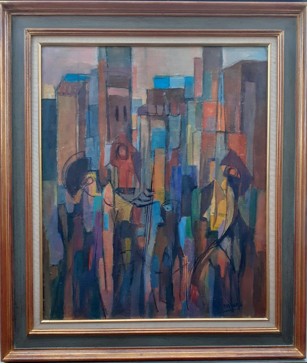 Cubist city, surrealist figures Cezannian French mid century modern cityscape oil on board View III