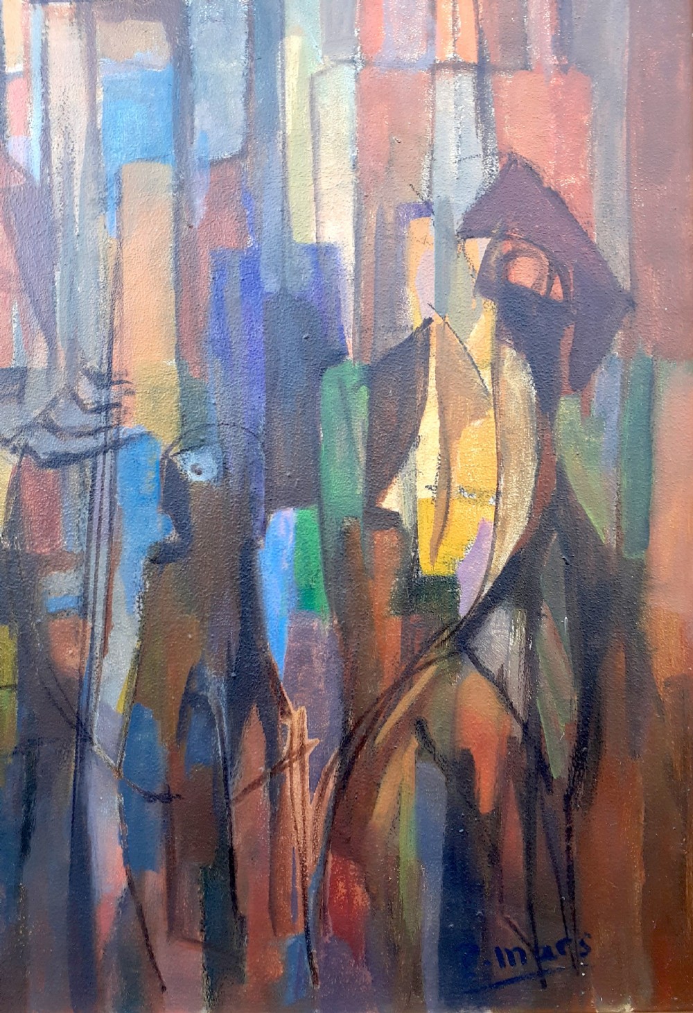 Cubist city, surrealist figures Cezannian French mid century modern cityscape oil on board View IV