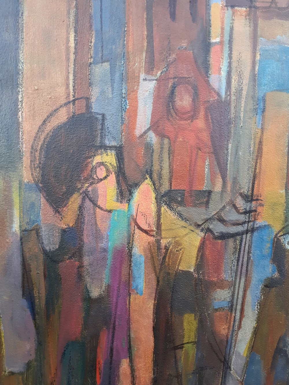 Cubist city, surrealist figures Cezannian French mid century modern cityscape oil on board View V
