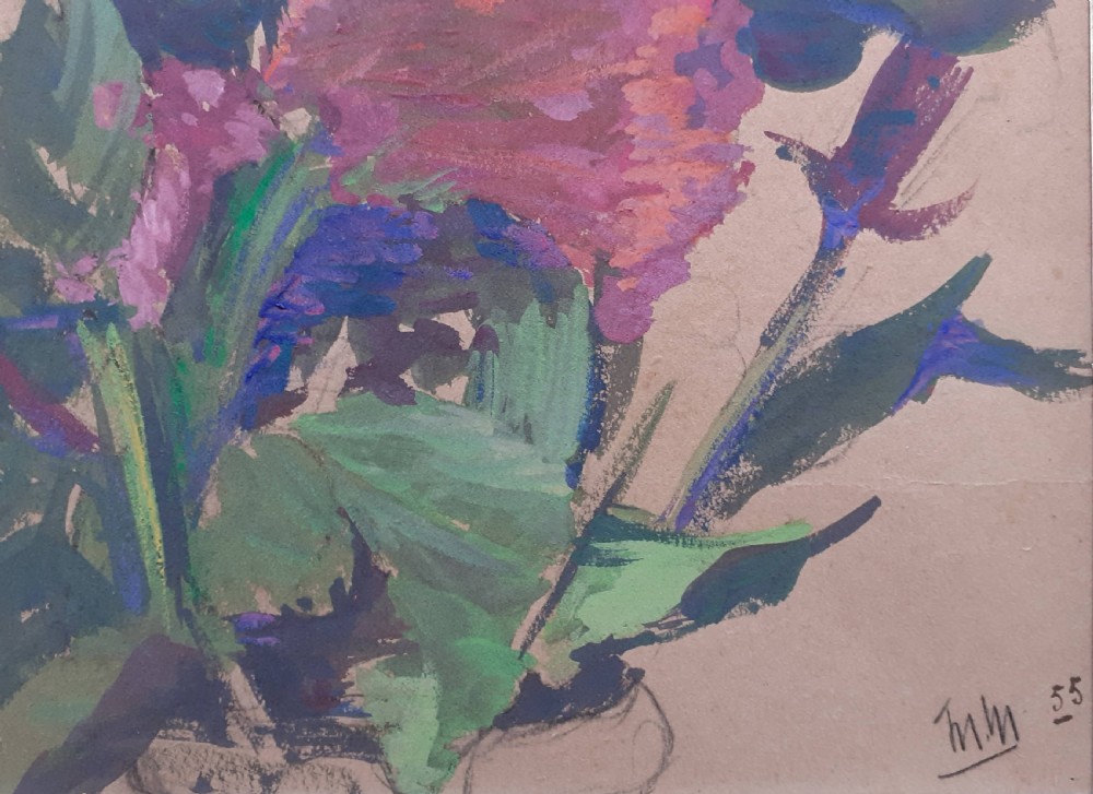 A botanical study on toned beige paper depicting magenta cockscomb flowers with green stems and leaves. View III
