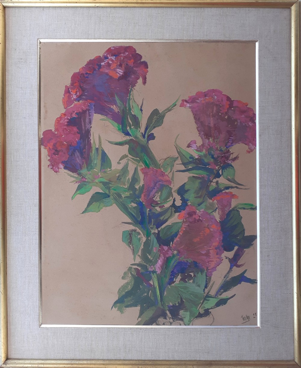 A botanical study on toned beige paper depicting magenta cockscomb flowers with green stems and leaves. View IV
