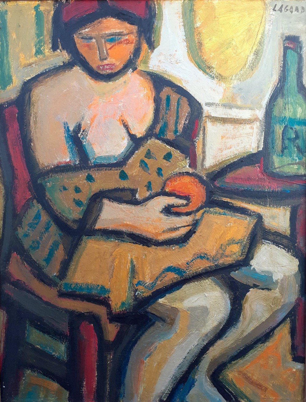 The woman with the orange: abstracted colourist oil on board by French Russian artist 