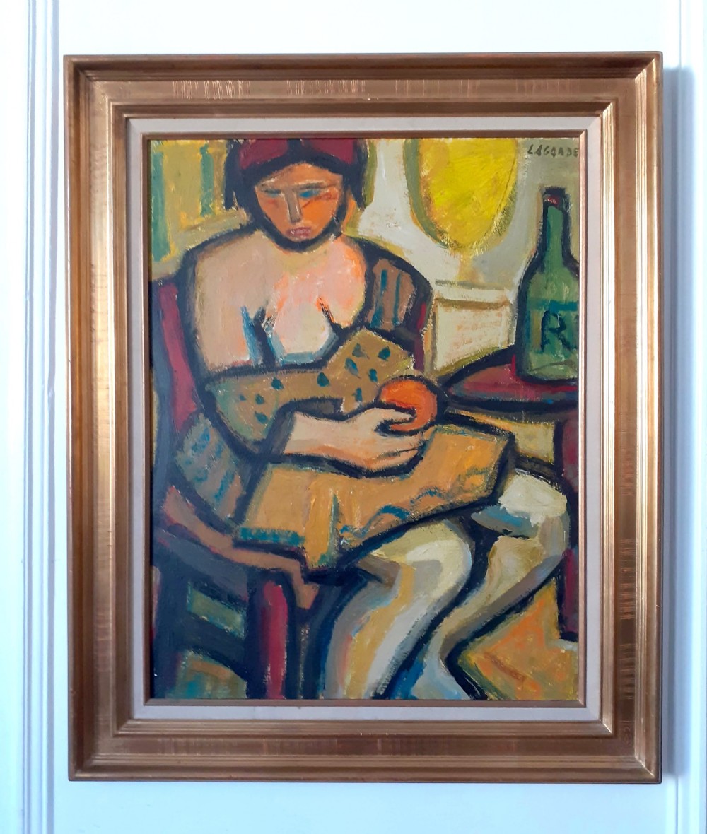 The woman with the orange: abstracted colourist oil on board by French Russian artist  View IV