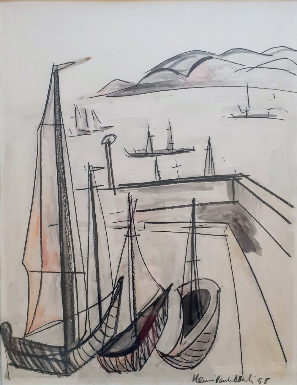 Boats in the Bay: haunting mid century modernist painting by accursed prodigy artist Sert: a Swedish story mixed media on paper