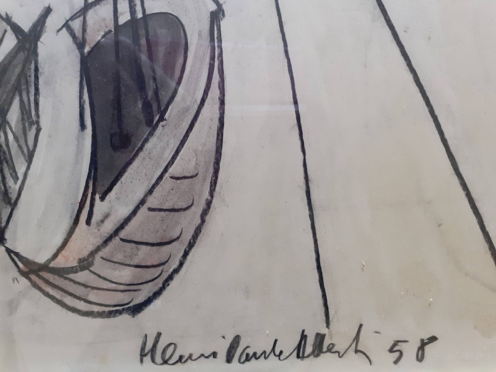 Boats in the Bay: haunting mid century modernist painting by accursed prodigy artist Sert: a Swedish story mixed media on paper View II