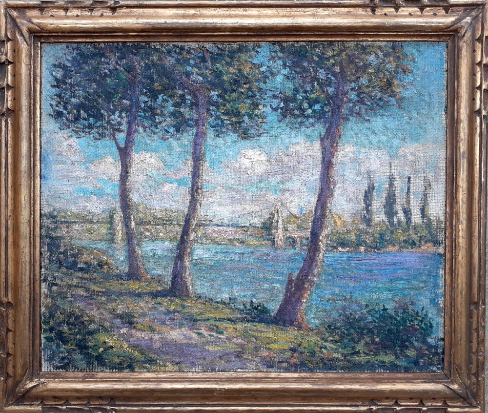 French Pointillist colourist river landscape, bridge over the Seine antique oil on canvas 