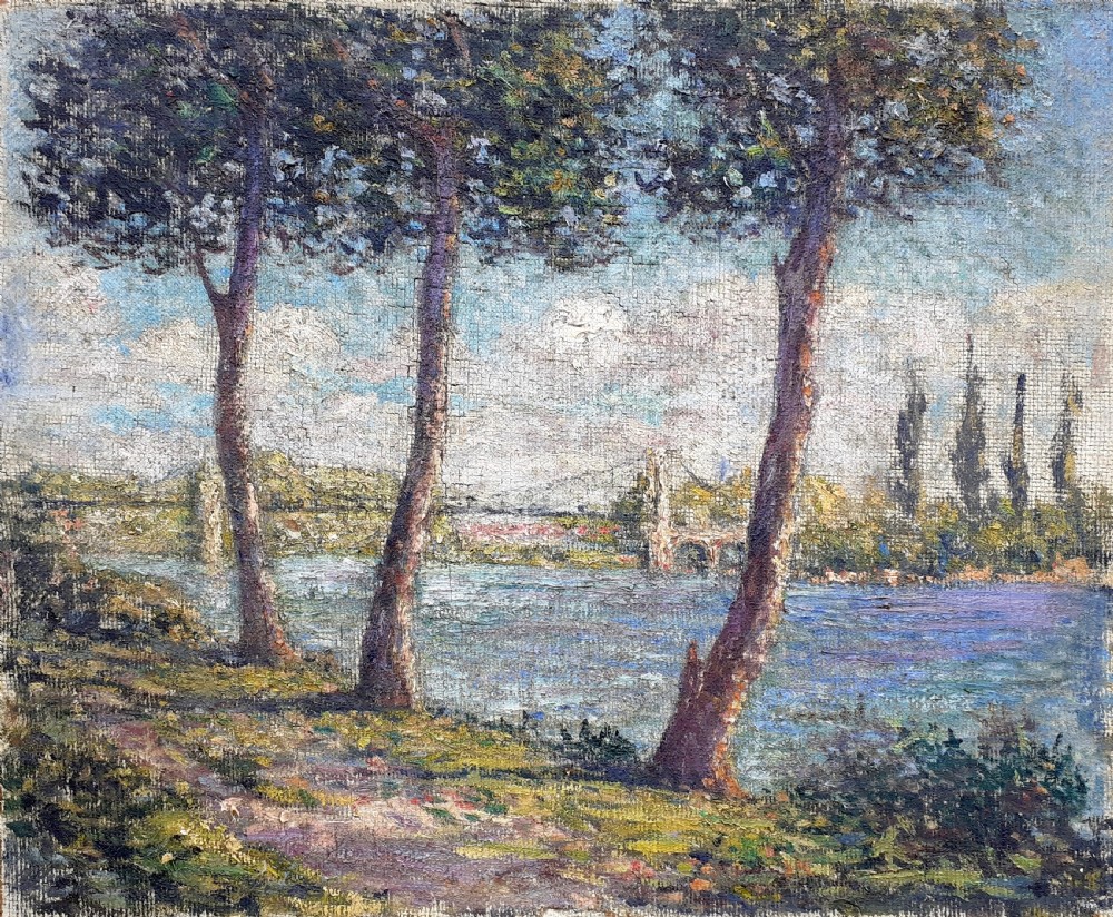 French Pointillist colourist river landscape, bridge over the Seine antique oil on canvas  View II