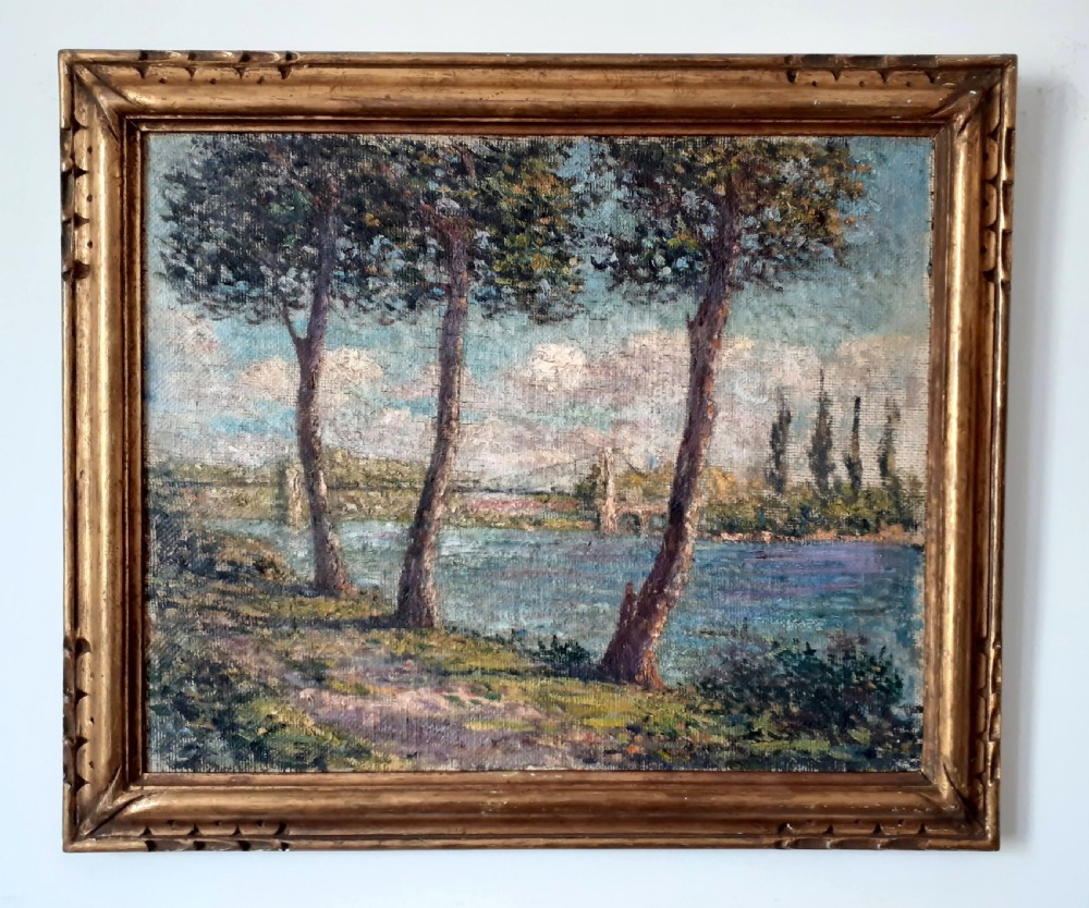 French Pointillist colourist river landscape, bridge over the Seine antique oil on canvas  View III