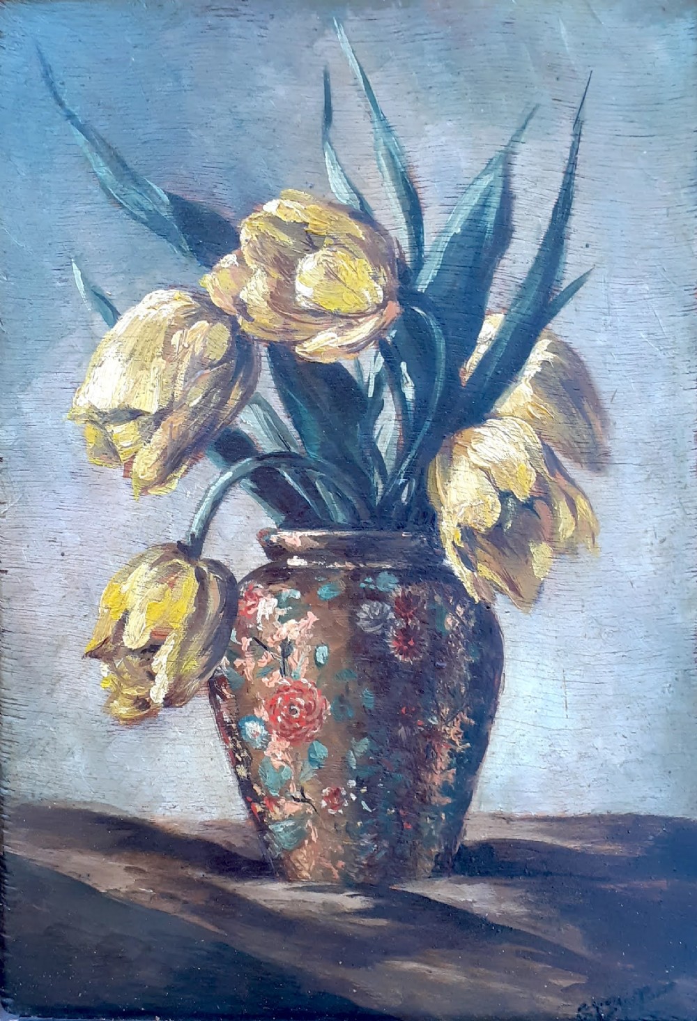 Tulips striking floral still life Flowers circa 1900 by Canadian Georges Delfosse art nouveau oil on panel 