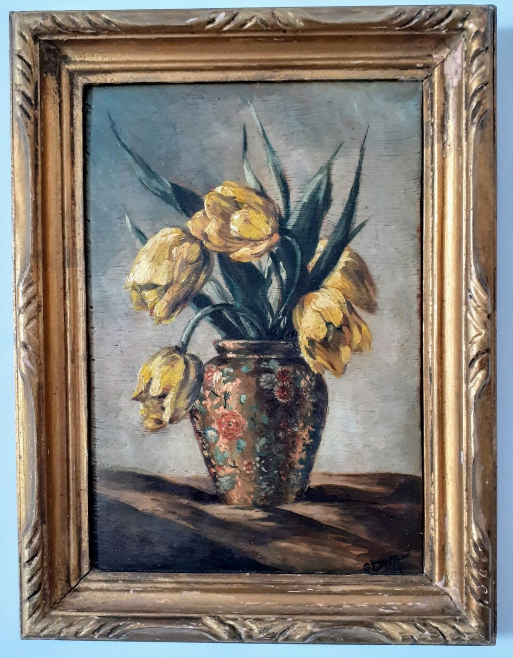 Tulips striking floral still life Flowers circa 1900 by Canadian Georges Delfosse art nouveau oil on panel  View II