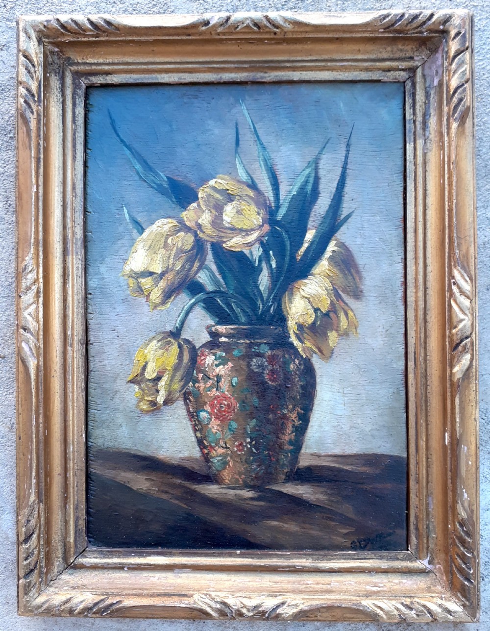 Tulips striking floral still life Flowers circa 1900 by Canadian Georges Delfosse art nouveau oil on panel  View III
