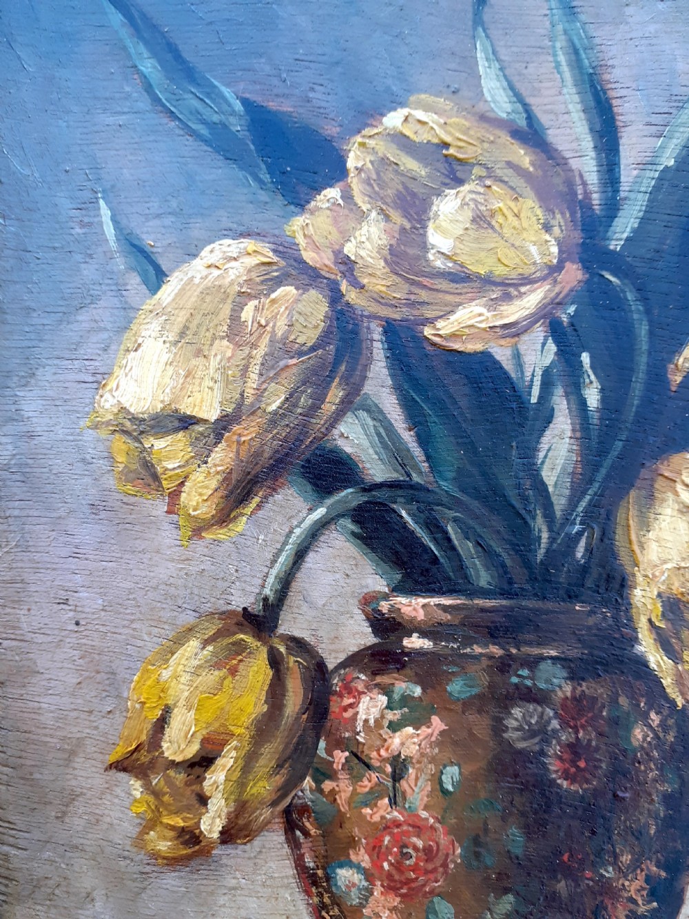 Tulips striking floral still life Flowers circa 1900 by Canadian Georges Delfosse art nouveau oil on panel  View VI