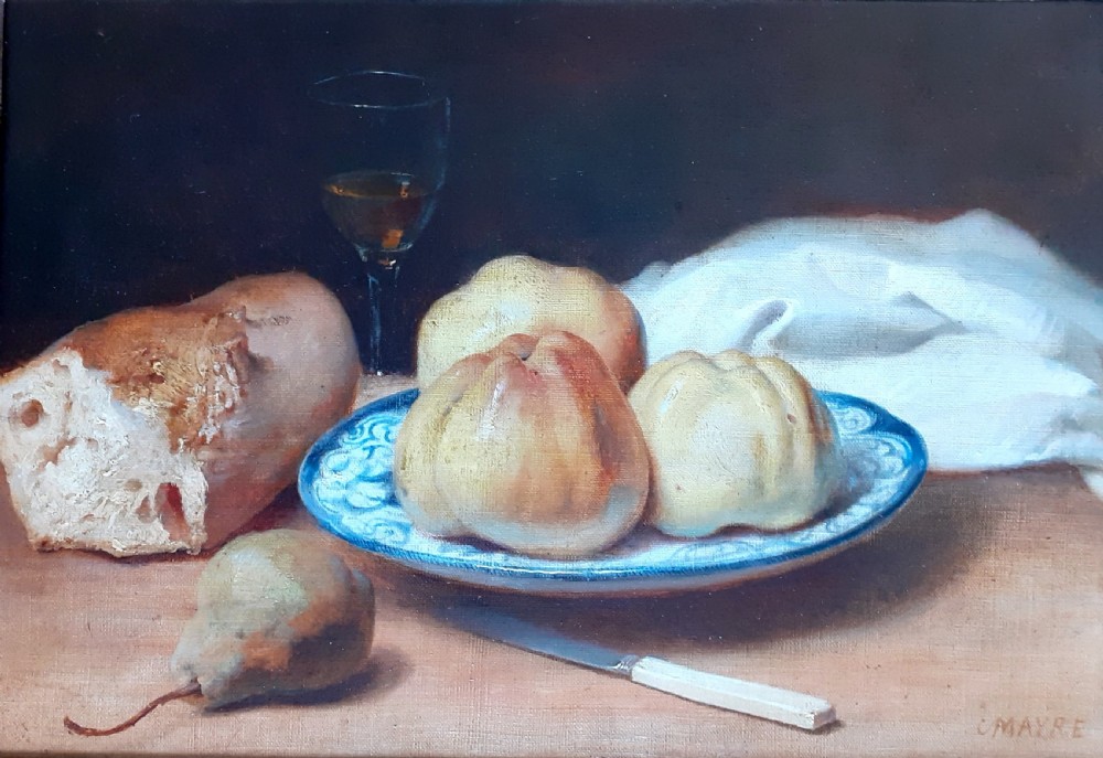 A mid-19th-century oil painting on canvas depicting a rustic still life with bread, fruit on a ceramic plate, a pear, and a knife, housed in an ornate carved gold frame. View IX