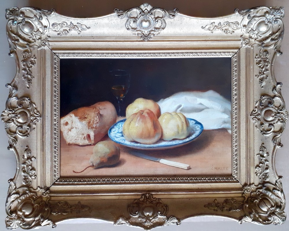 A mid-19th-century oil painting on canvas depicting a rustic still life with bread, fruit on a ceramic plate, a pear, and a knife, housed in an ornate carved gold frame. View IV