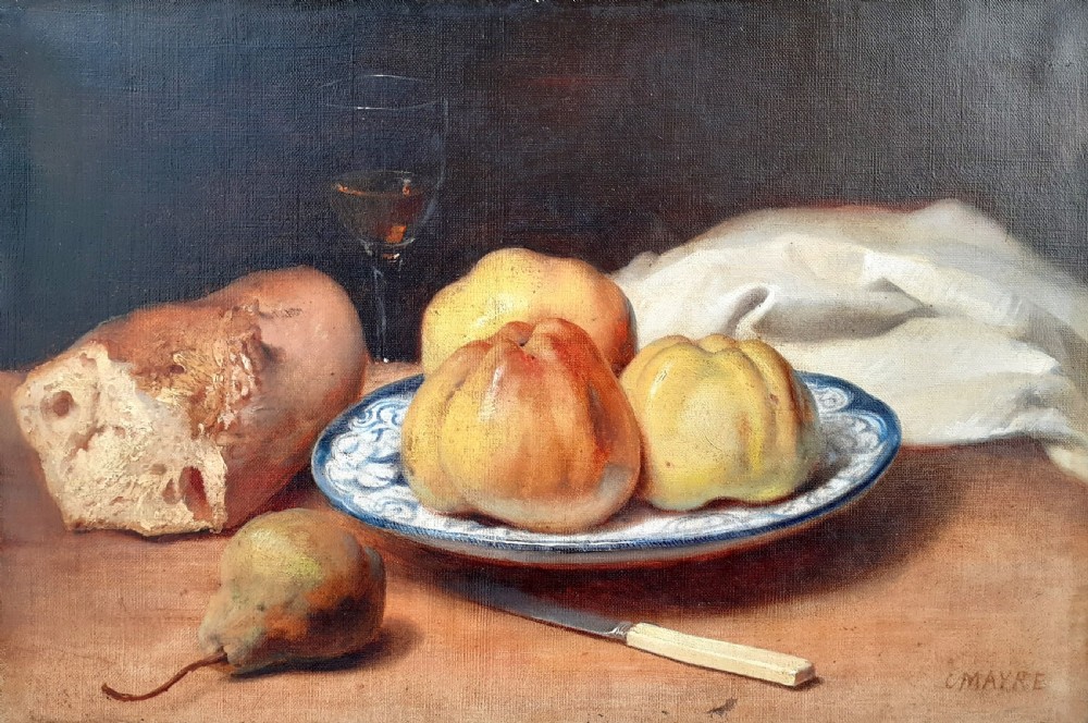 A mid-19th-century oil painting on canvas depicting a rustic still life with bread, fruit on a ceramic plate, a pear, and a knife, housed in an ornate carved gold frame. View VIII
