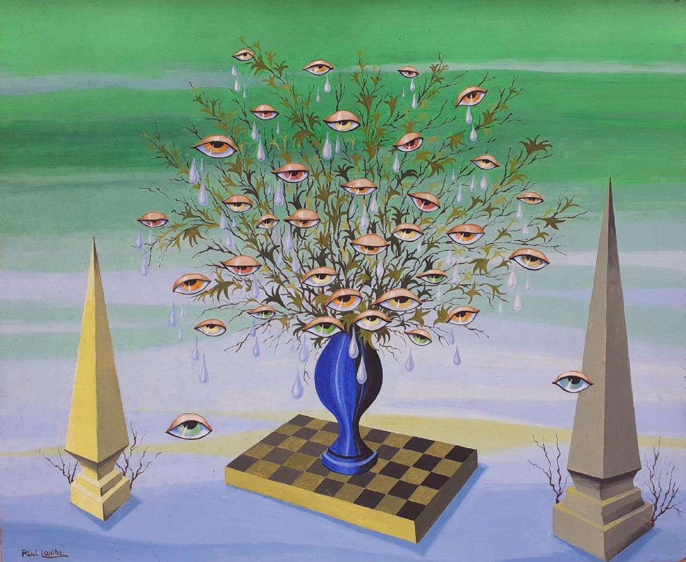 Art deco period surrealist composition with chess board and eyes oil on board