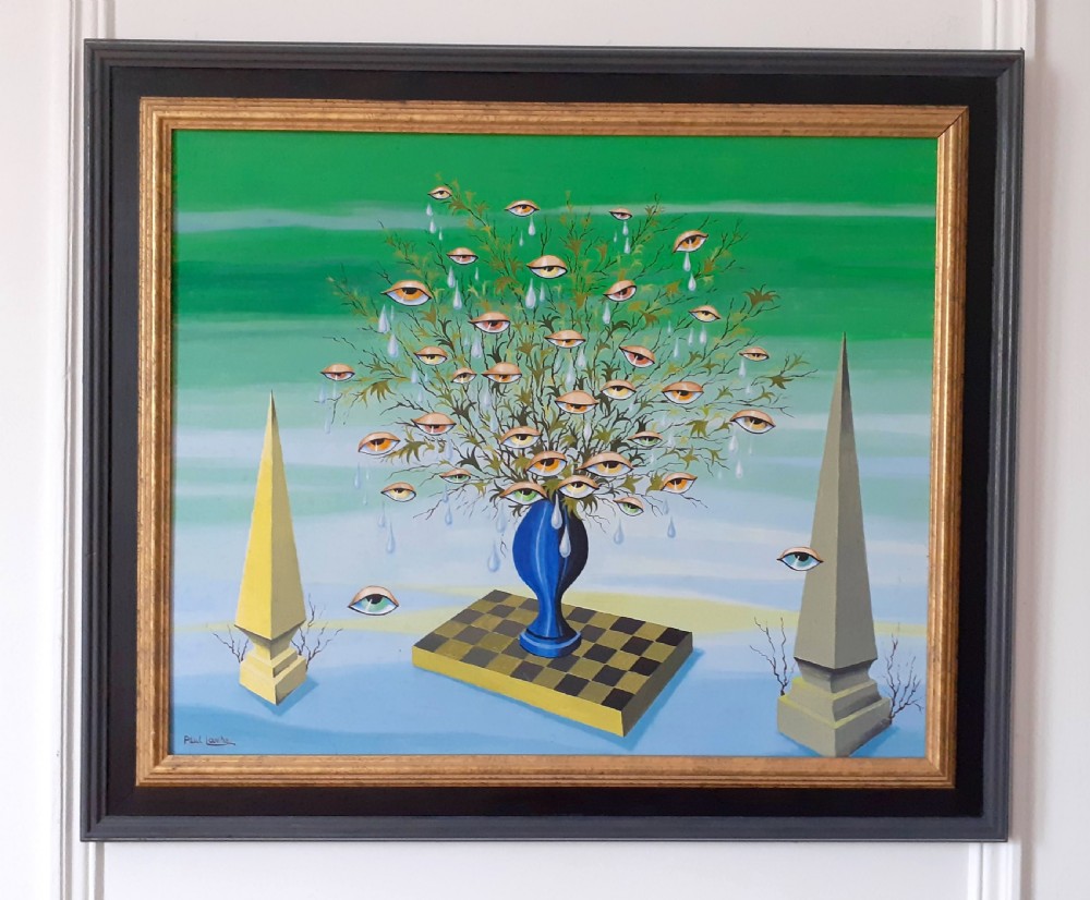 Art deco period surrealist composition with chess board and eyes oil on board View II