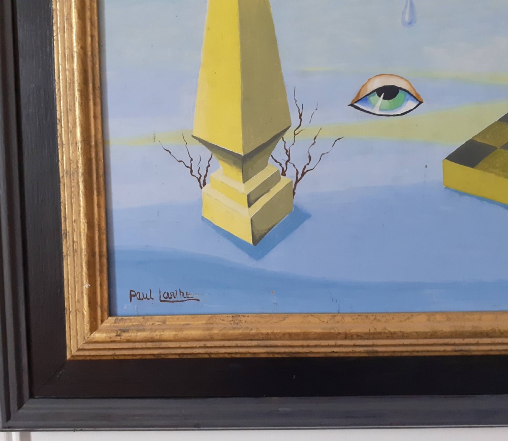 Art deco period surrealist composition with chess board and eyes oil on board View III