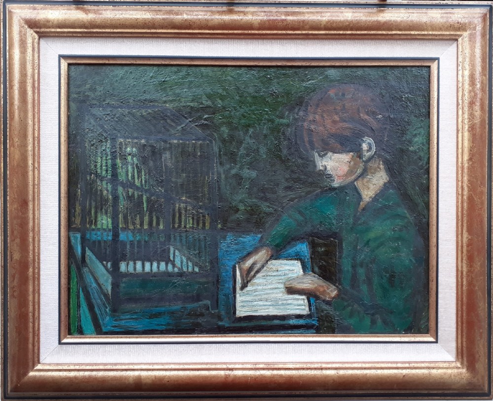 An oil painting on canvas depicting a child seated at a blue table beside a dark birdcage, painted in dark green and blue tones. View II