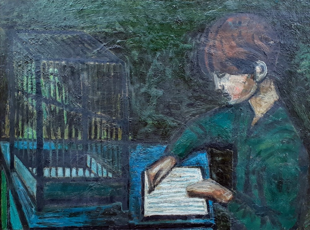 An oil painting on canvas depicting a child seated at a blue table beside a dark birdcage, painted in dark green and blue tones.