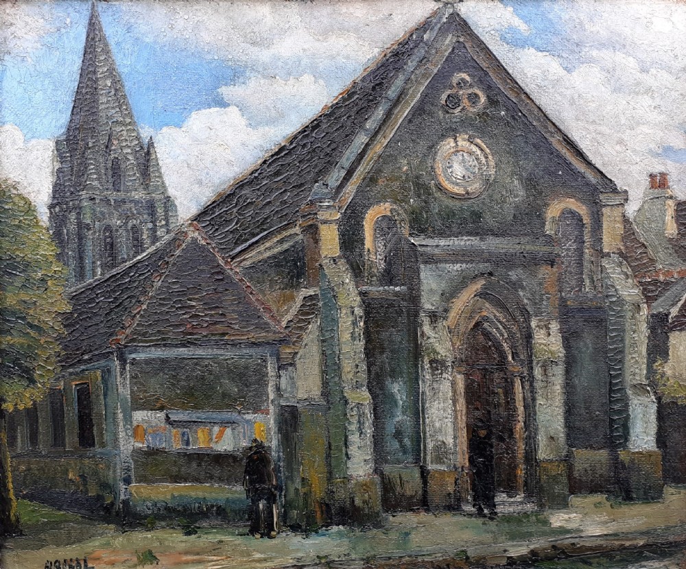 An oil painting on canvas depicting a Gothic stone church with a steeple under a cloudy sky, presented in a light grey wooden frame. View II