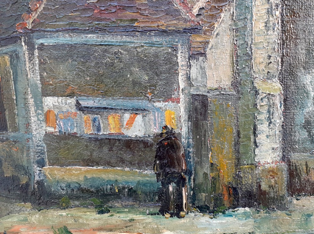 An oil painting on canvas depicting a Gothic stone church with a steeple under a cloudy sky, presented in a light grey wooden frame. View IV