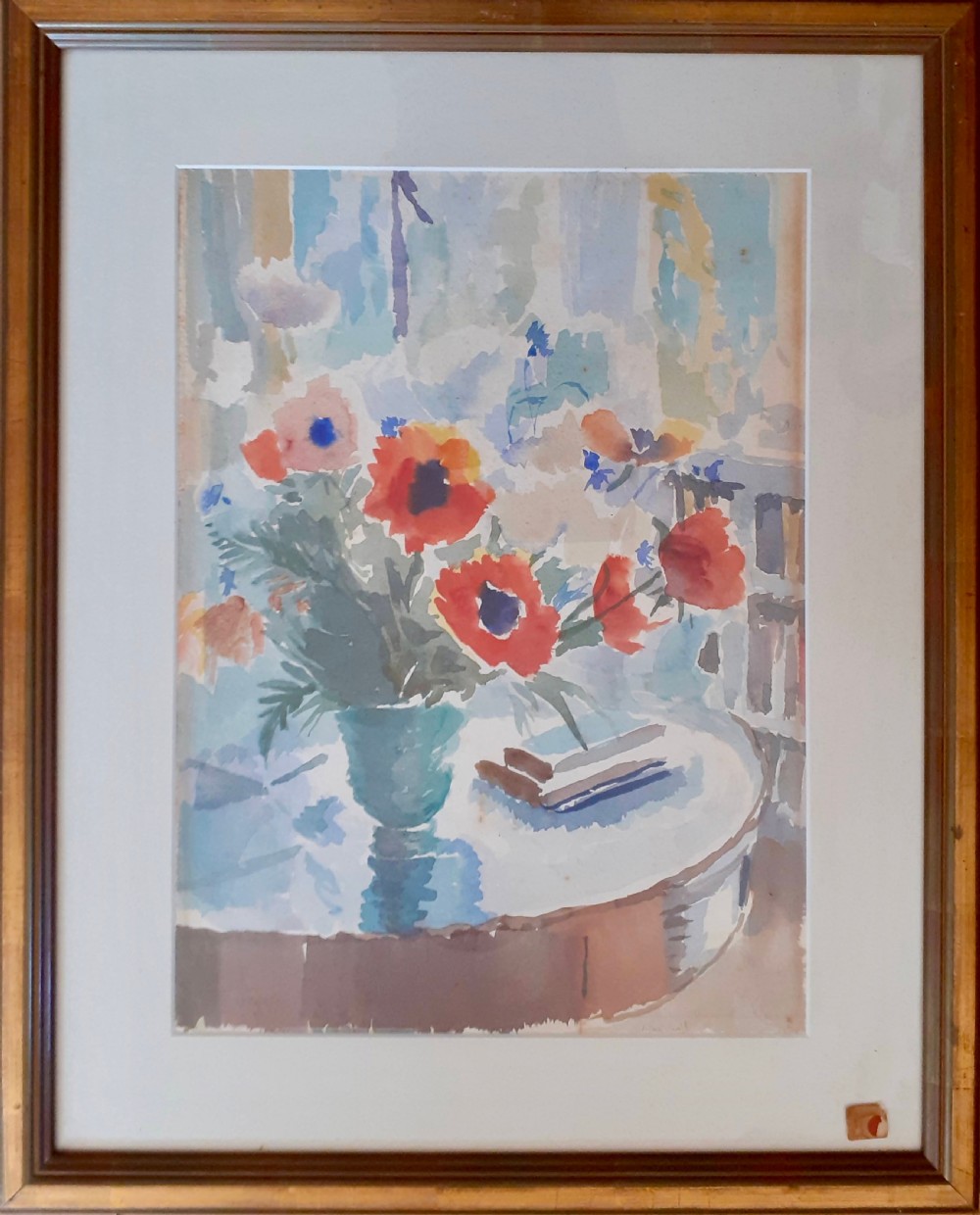 The sun filled room: red poppies, books and bookshelf:  Floral Still Life in an Interior watercolour on paper by Wendela Boreel View II