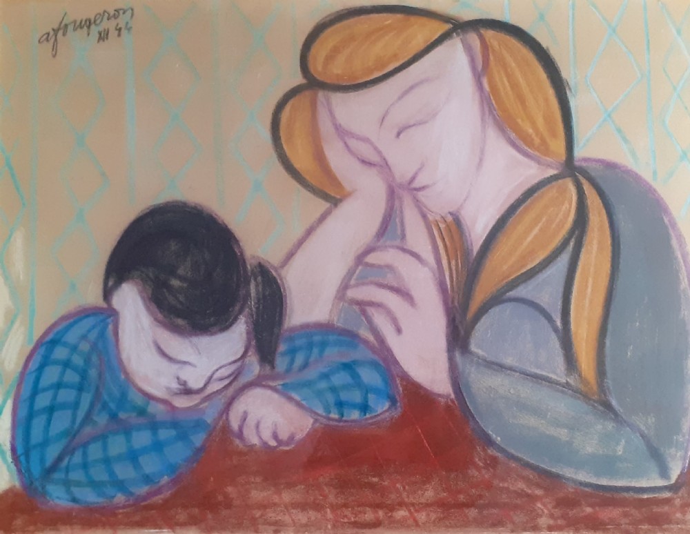 Masterpiece: cubist pop art precursor Tate Gallery artist Fougeron modernist family scene,  wartime 1944 pastel painting 