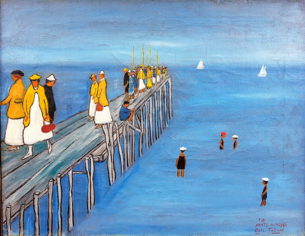 Me on the Pier by the sea, 192Os surrealist British Canadian outsider St Ives Cornwall artist by the French seaside oil on canvas 