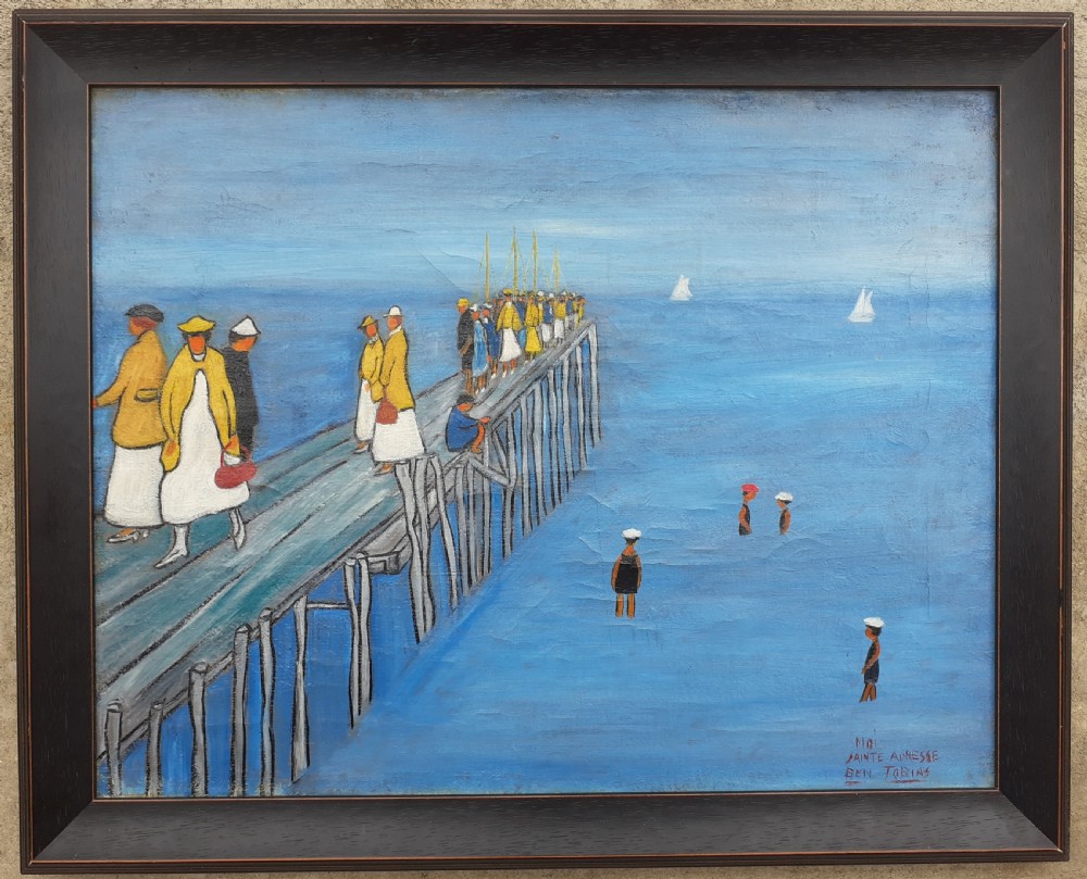 Me on the Pier by the sea, 192Os surrealist British Canadian outsider St Ives Cornwall artist by the French seaside oil on canvas  View V