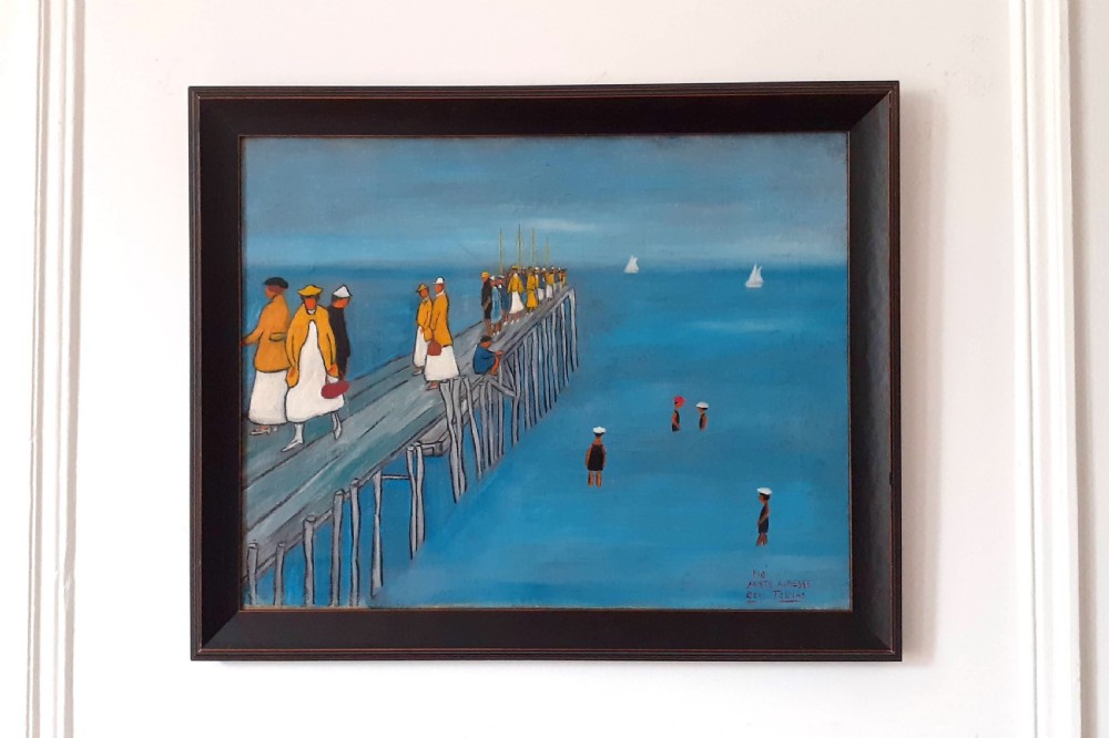 Me on the Pier by the sea, 192Os surrealist British Canadian outsider St Ives Cornwall artist by the French seaside oil on canvas  View VI