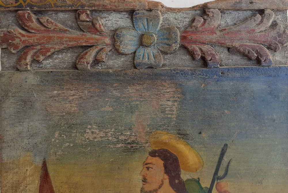 19th Century naive folk art painting Saint with Dog antique oil on panel View III