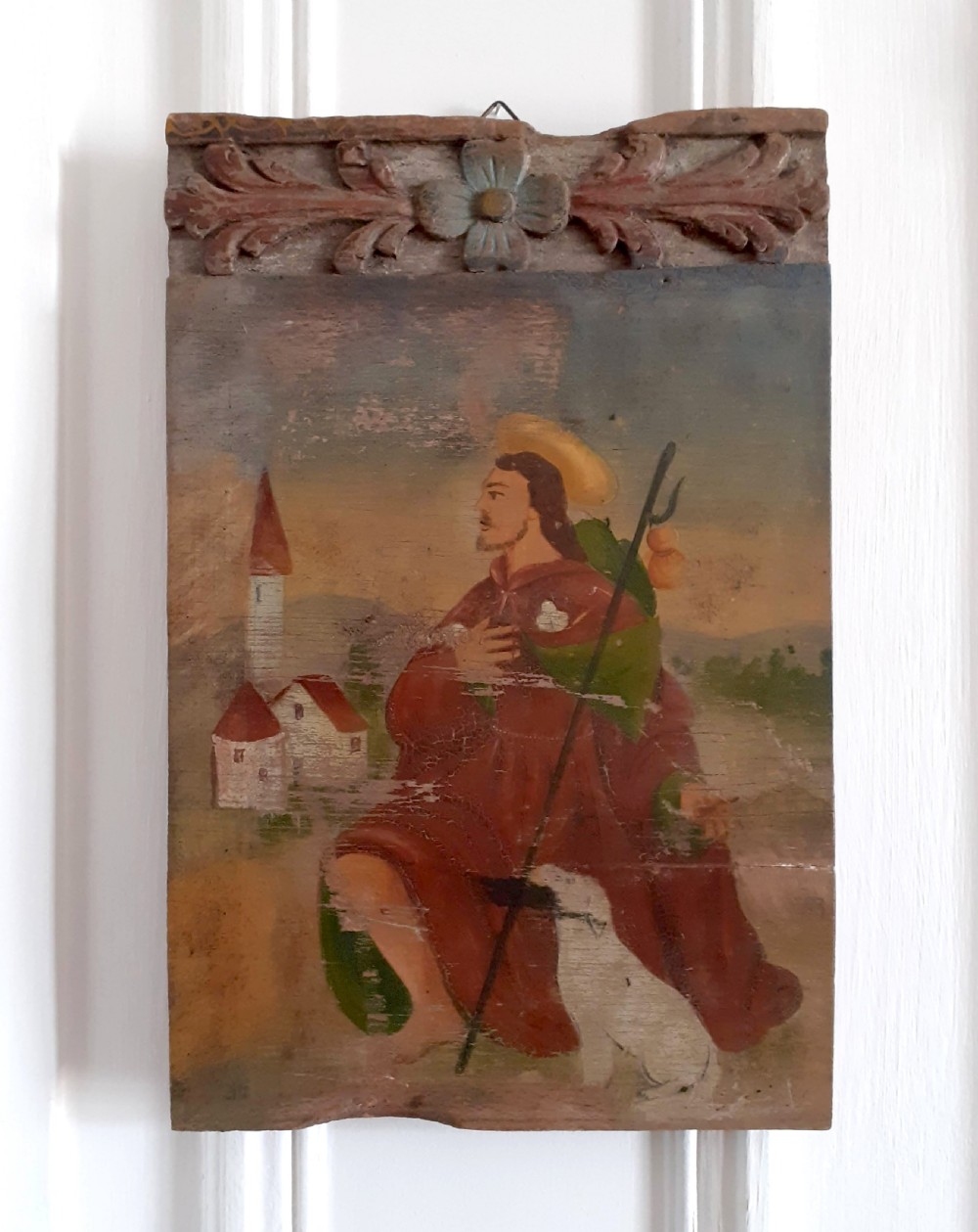 19th Century naive folk art painting Saint with Dog antique oil on panel View IV