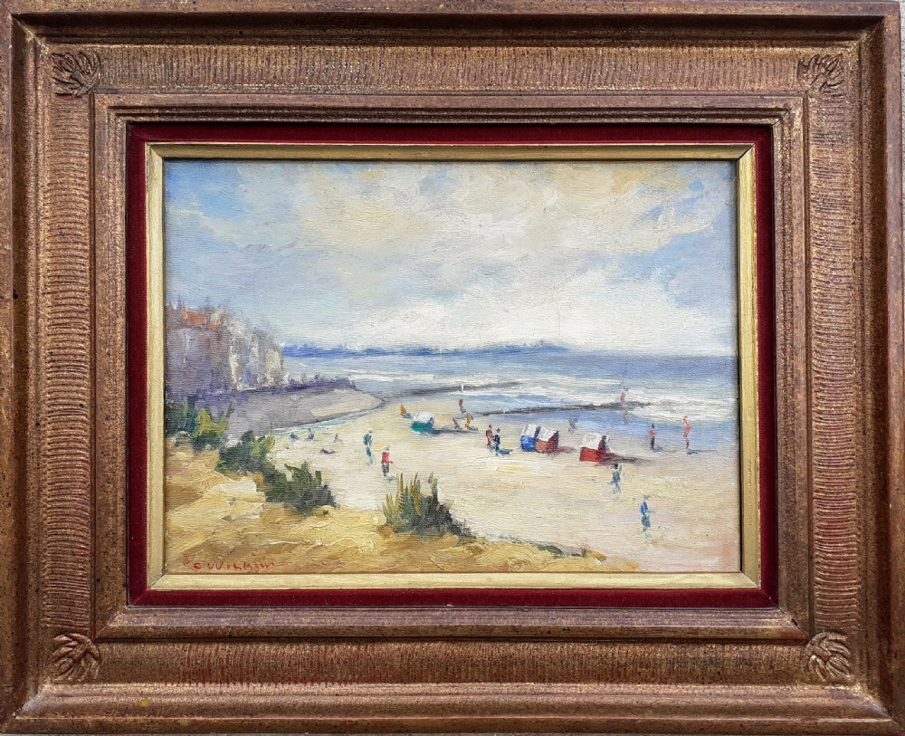 Figures on the beach, the beach huts, circa 1930  Normandy seaside by noted Canadian American woman artist oil on canvas View II