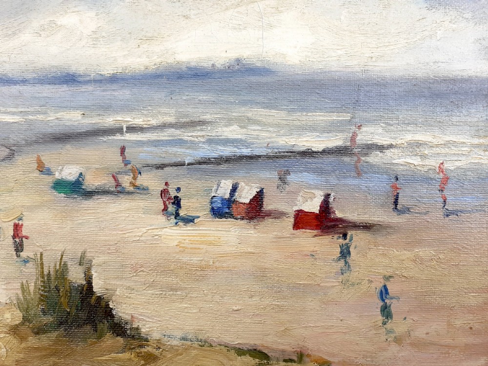 Figures on the beach, the beach huts, circa 1930  Normandy seaside by noted Canadian American woman artist oil on canvas View III