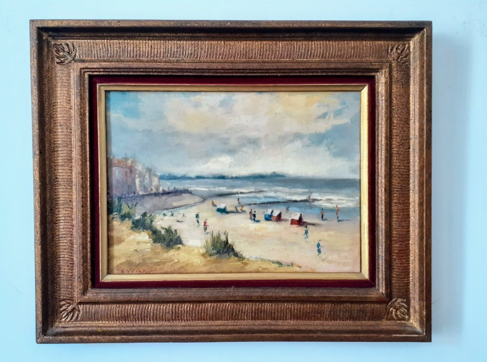 Figures on the beach, the beach huts, circa 1930  Normandy seaside by noted Canadian American woman artist oil on canvas View IV