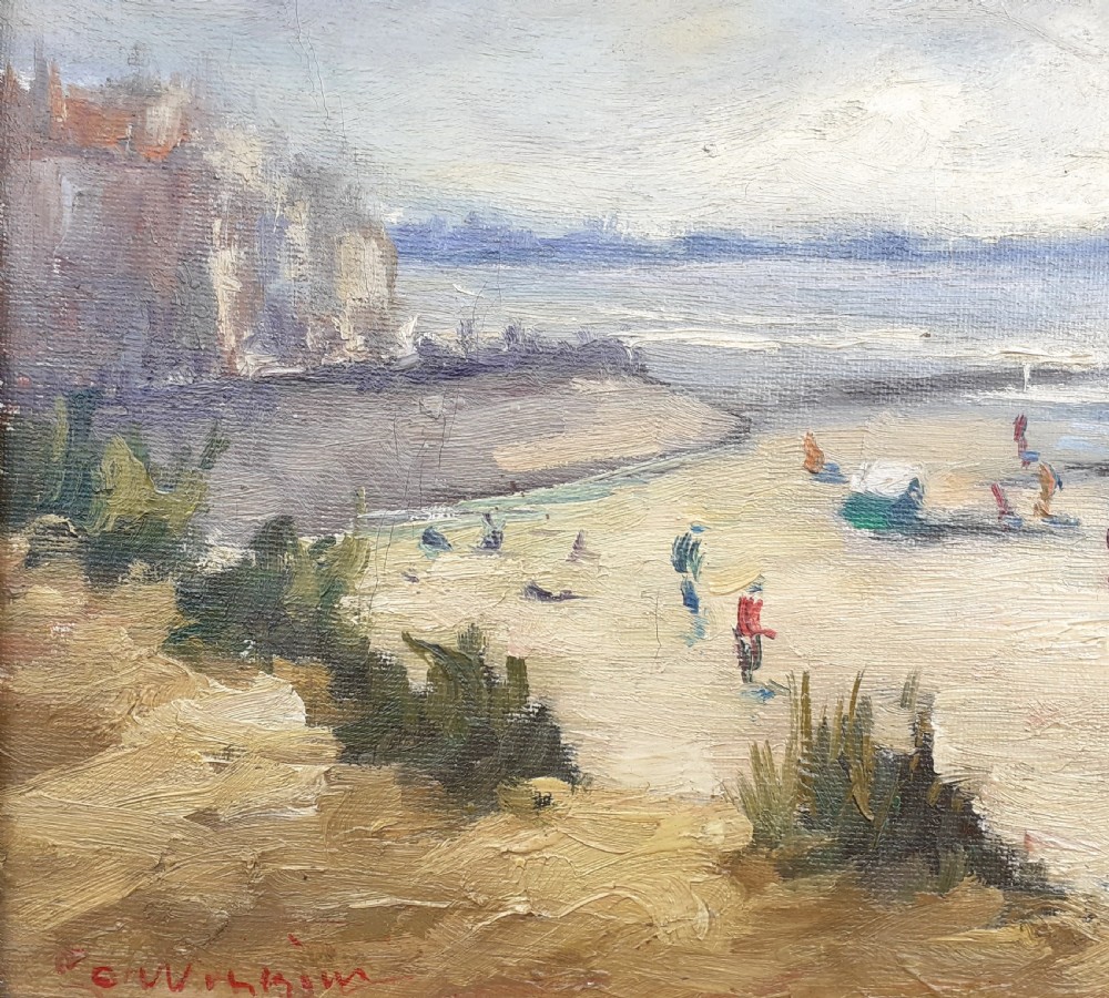 Figures on the beach, the beach huts, circa 1930  Normandy seaside by noted Canadian American woman artist oil on canvas View V
