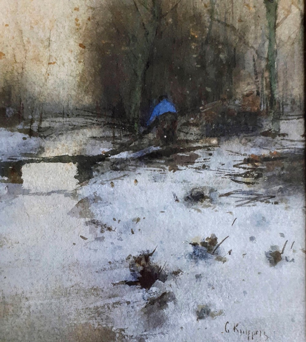 Dutch snow scene, figure by the the frozen river in winter gouache painting on paper, by Hague school artist Kuypers View IV